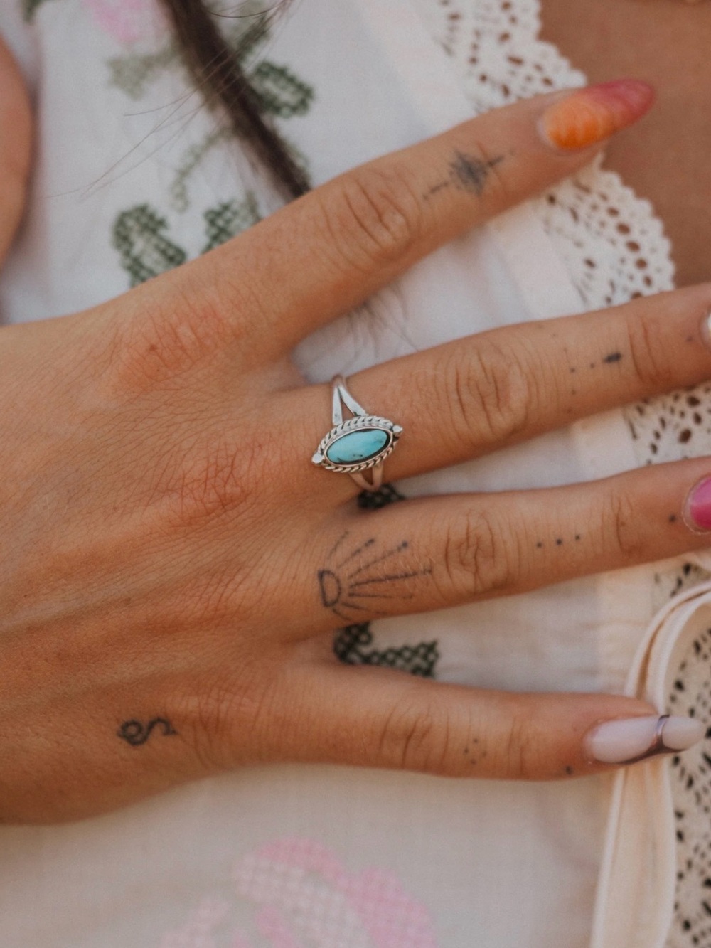 Sterling Silver Marquise Turquoise Ring - Turquoise Accent